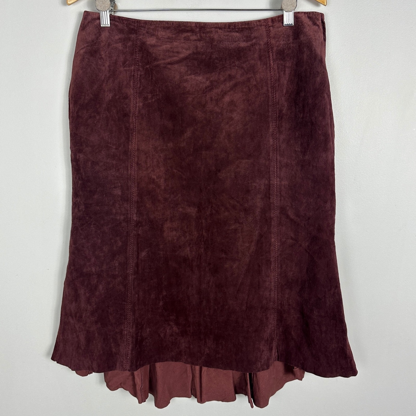 Danier Brown 100% Suede Leather Skirt Womens Size 12 Hi Low Hem Bohemian Boho